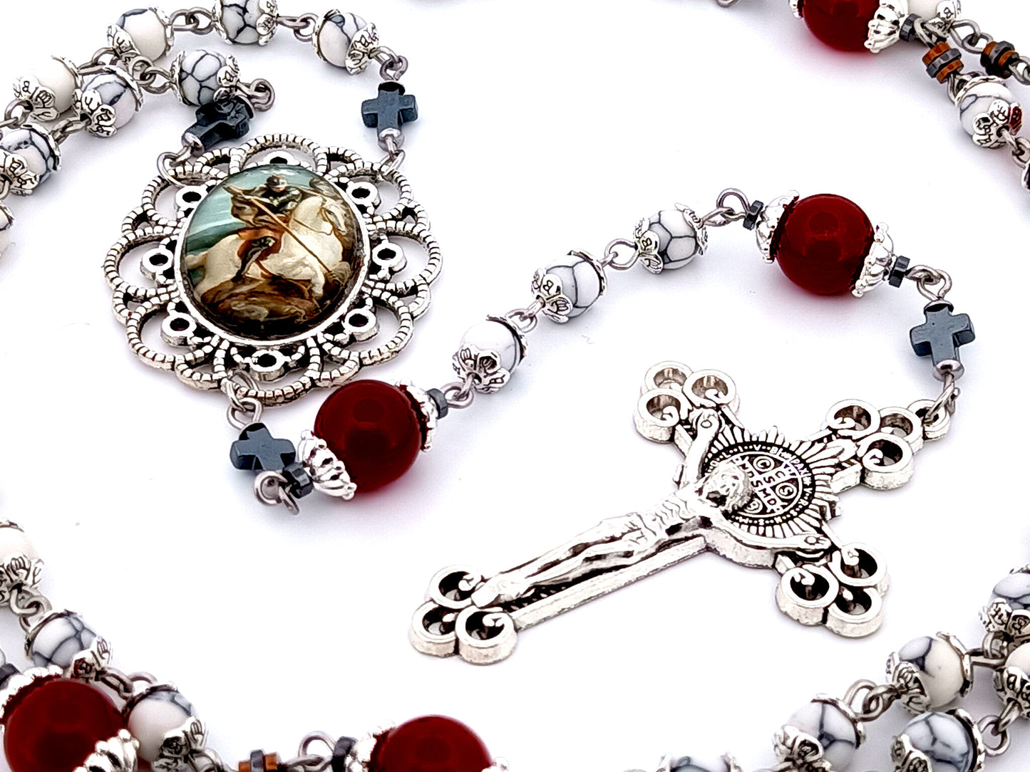 Saint George unique rosary beads howlite gemstone and red glass rosary  with Saint Benedict crucifix.