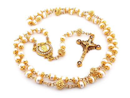 Virgin Mary unique rosary beads freshwater pearl and silver lattice rosary with gold plated pewter and pearl crucifix.