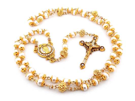 Virgin Mary unique rosary beads freshwater pearl and silver lattice rosary with gold plated pewter and pearl crucifix.