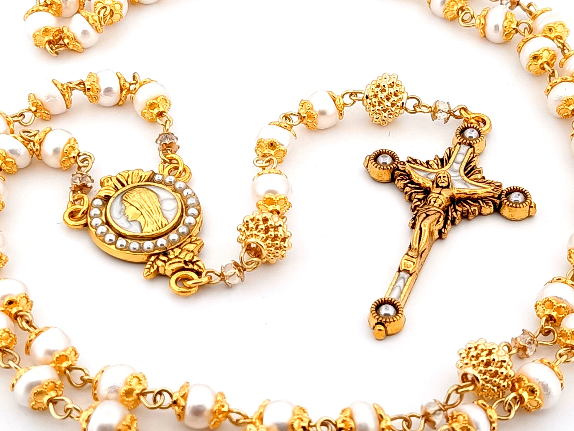 Virgin Mary unique rosary beads freshwater pearl and silver lattice rosary with gold plated pewter and pearl crucifix.