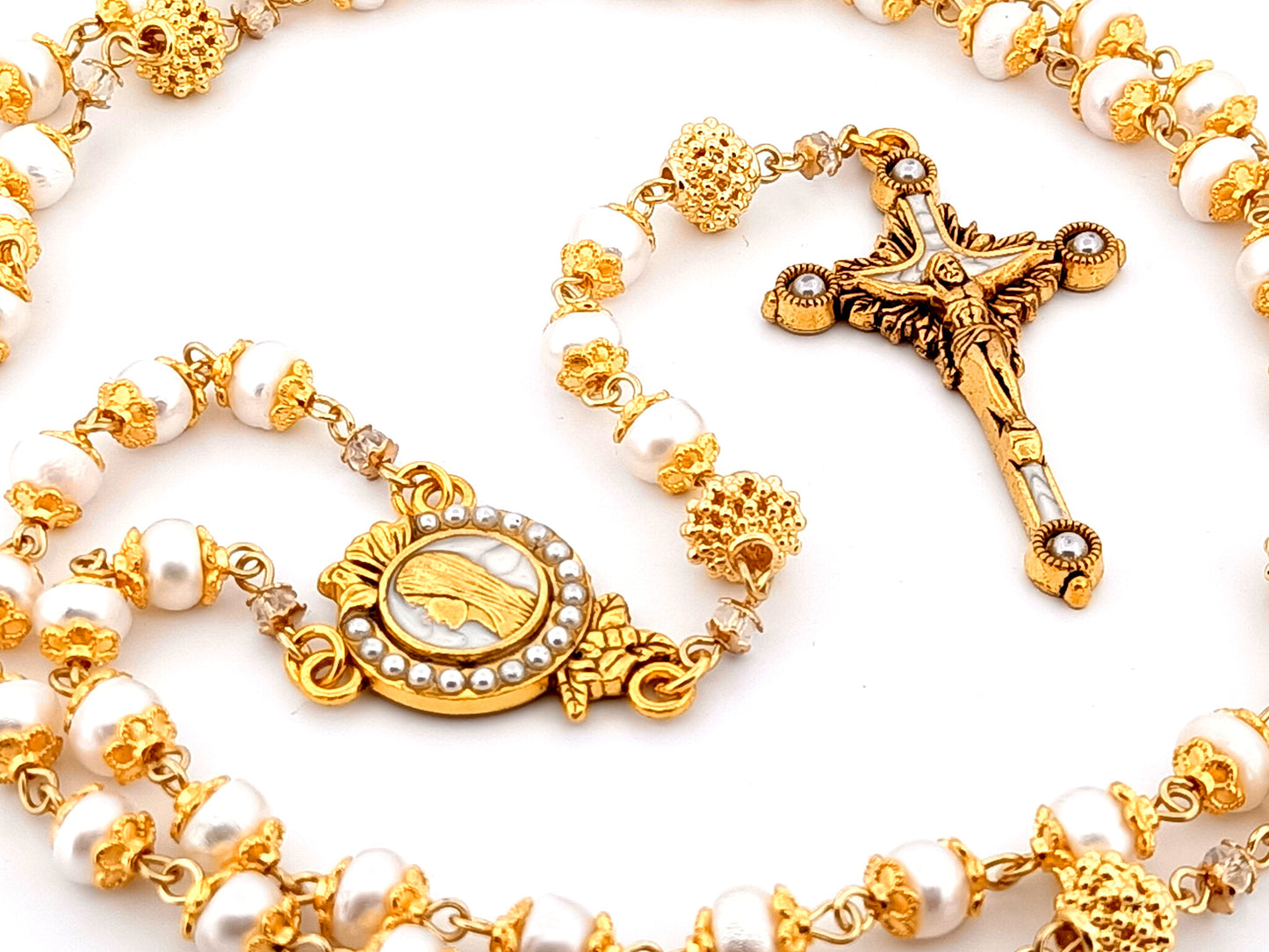 Virgin Mary unique rosary beads freshwater pearl and silver lattice rosary with gold plated pewter and pearl crucifix.