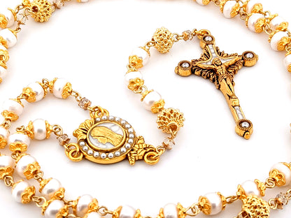 Virgin Mary unique rosary beads freshwater pearl and silver lattice rosary with gold plated pewter and pearl crucifix.