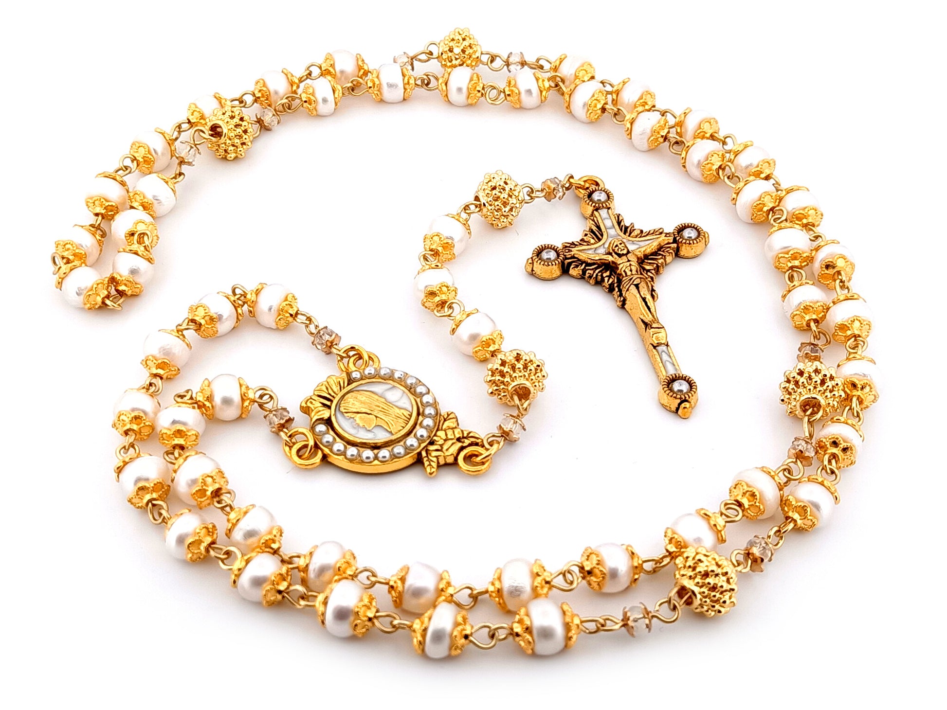 Virgin Mary unique rosary beads freshwater pearl and silver lattice rosary with gold plated pewter and pearl crucifix.