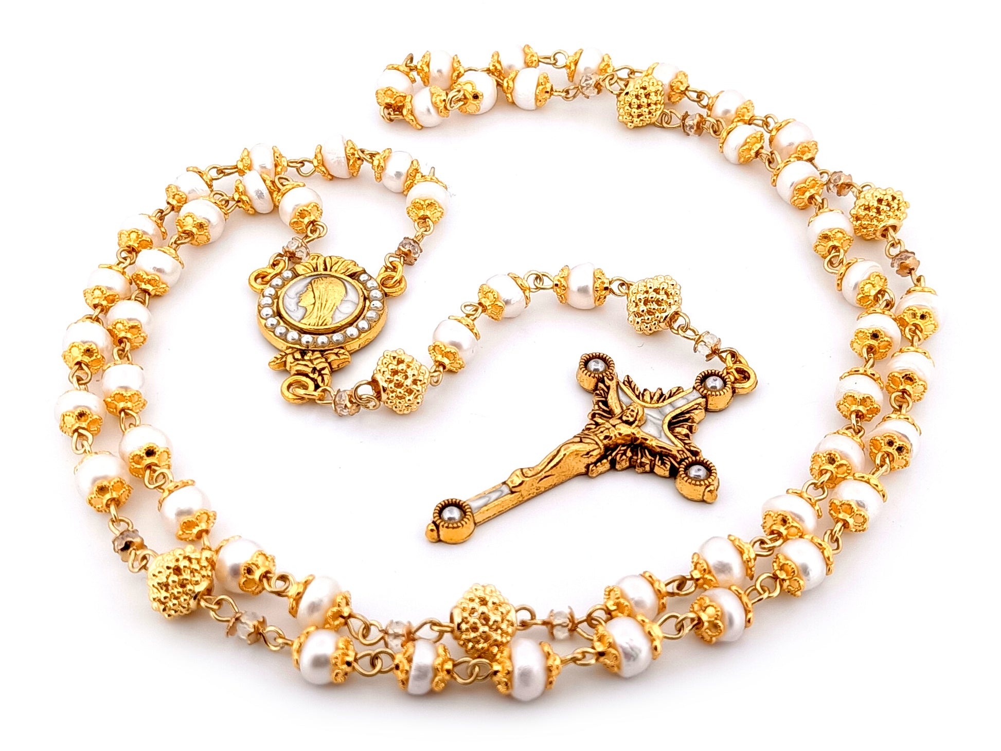 Virgin Mary unique rosary beads freshwater pearl and silver lattice rosary with gold plated pewter and pearl crucifix.