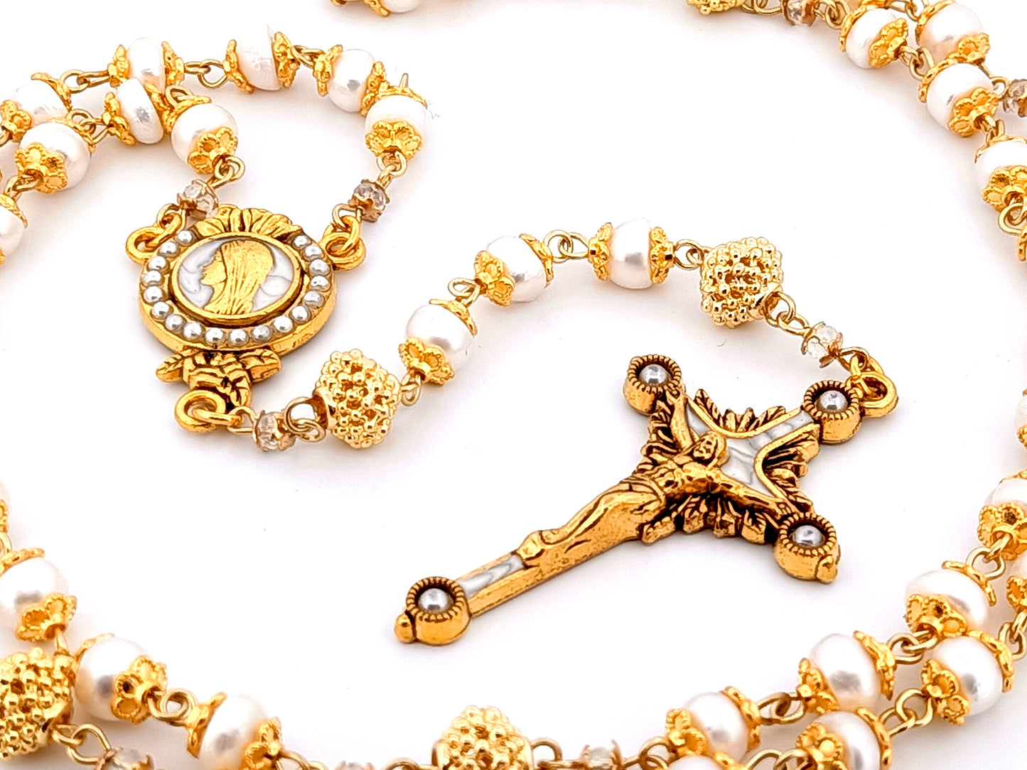 Virgin Mary unique rosary beads freshwater pearl and silver lattice rosary with gold plated pewter and pearl crucifix.