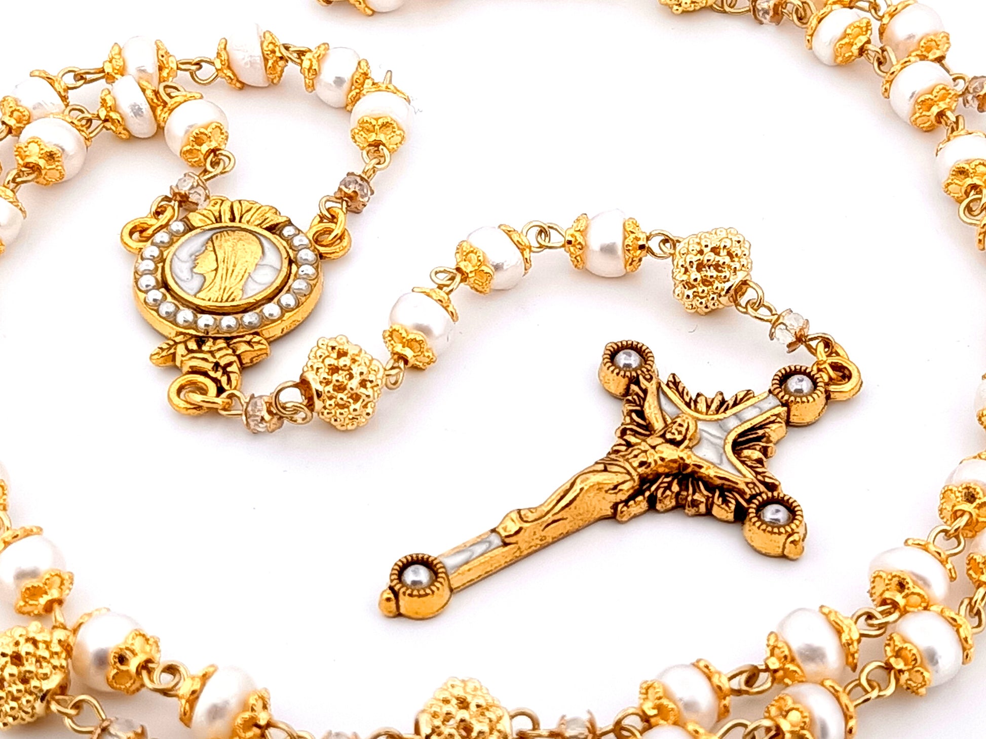 Virgin Mary unique rosary beads freshwater pearl and silver lattice rosary with gold plated pewter and pearl crucifix.