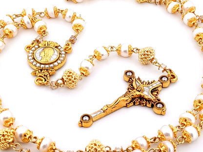 Virgin Mary unique rosary beads freshwater pearl and silver lattice rosary with gold plated pewter and pearl crucifix.