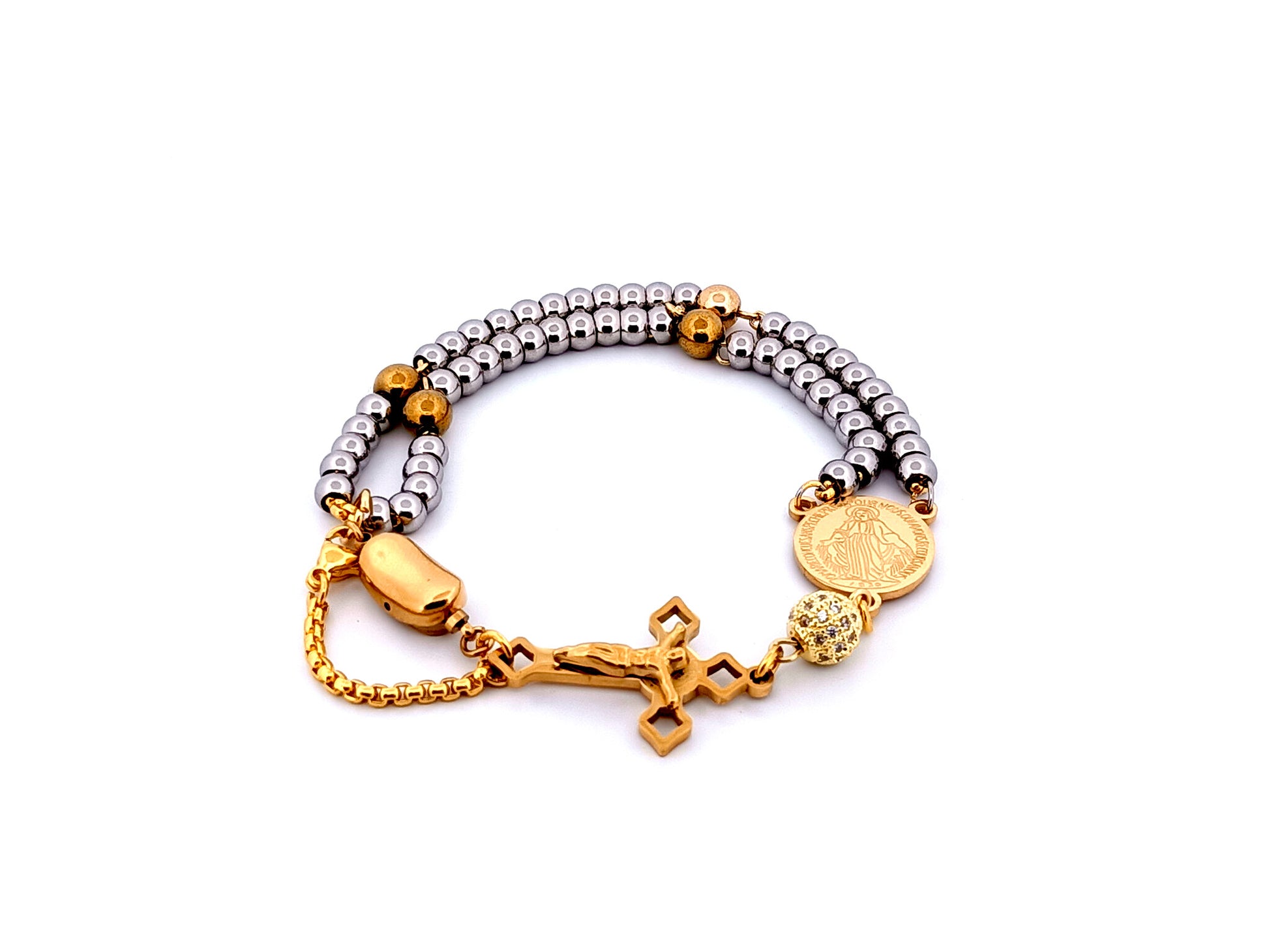 Miraculous Medal unique rosary beads gold plated cubic zirconia and stainless steel single decade rosary bracelet with gold plated Saint Benedict crucifix.