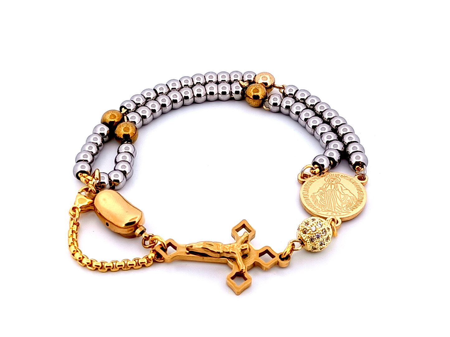 Miraculous Medal unique rosary beads gold plated cubic zirconia and stainless steel single decade rosary bracelet with gold plated Saint Benedict crucifix.