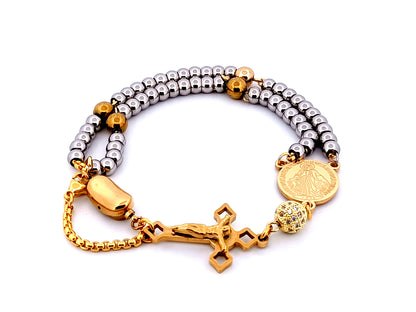 Miraculous Medal unique rosary beads gold plated cubic zirconia and stainless steel single decade rosary bracelet with gold plated Saint Benedict crucifix.
