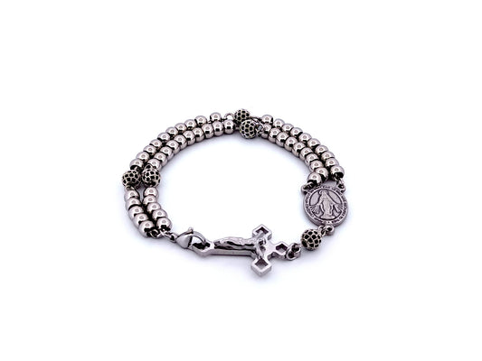 Miraculous Medal unique rosary beads silver cubic zirconia single decade rosary bracelet with stainless steel Saint Benedict crucifix.