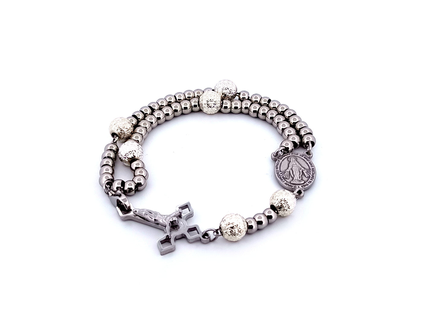 Miraculous Medal unique rosary beads stainless steel and sterling 925 silver rosary bracelet with small Saint Benedict crucifix.