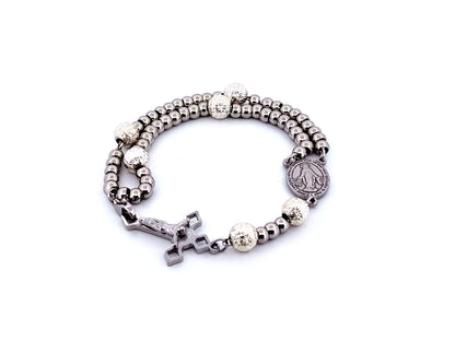 Miraculous Medal unique rosary beads stainless steel and sterling 925 silver rosary bracelet with small Saint Benedict crucifix.