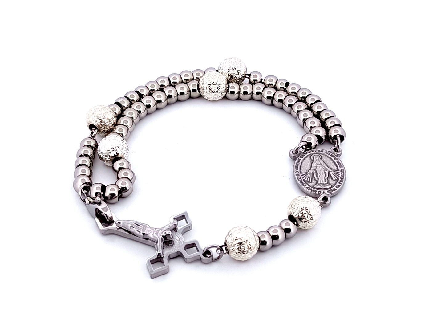 Miraculous Medal unique rosary beads stainless steel and sterling 925 silver rosary bracelet with small Saint Benedict crucifix.