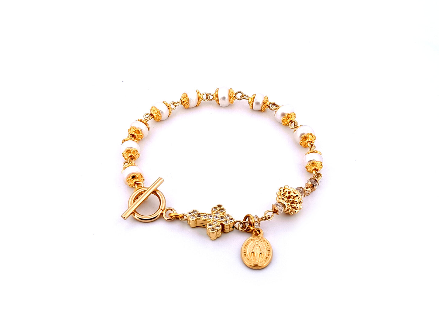 Miraculous Medal unique rosary beads fresh water pearl and 18K gold plated lattice single decade rosary bracelet with cubic zirconia crucifix.