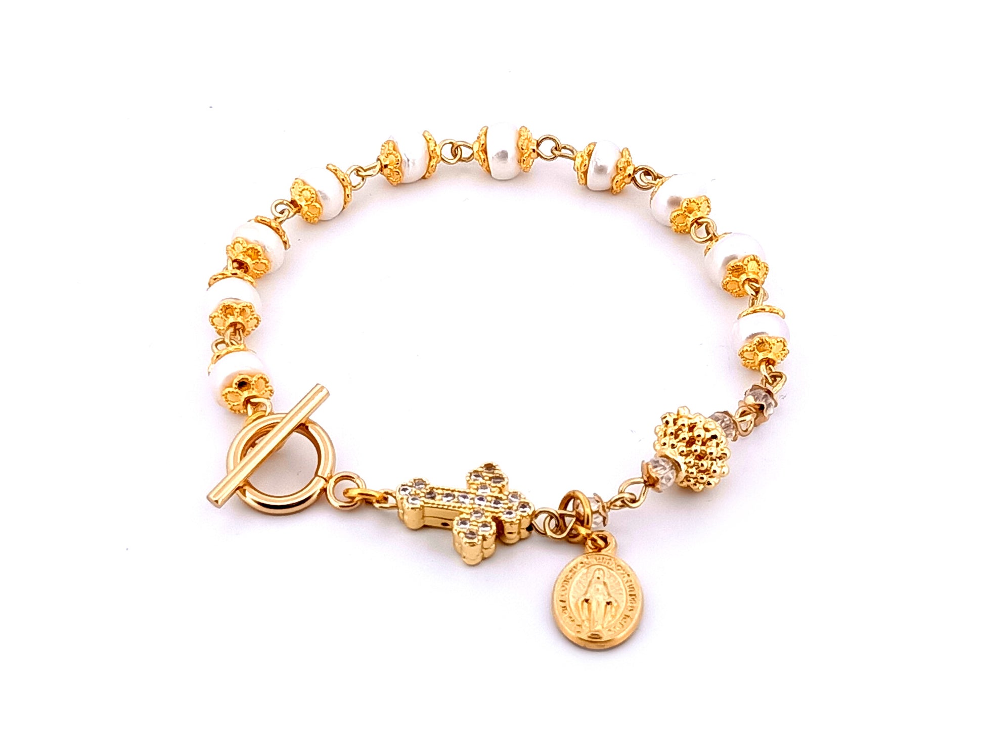 Miraculous Medal unique rosary beads fresh water pearl and 18K gold plated lattice single decade rosary bracelet with cubic zirconia crucifix.