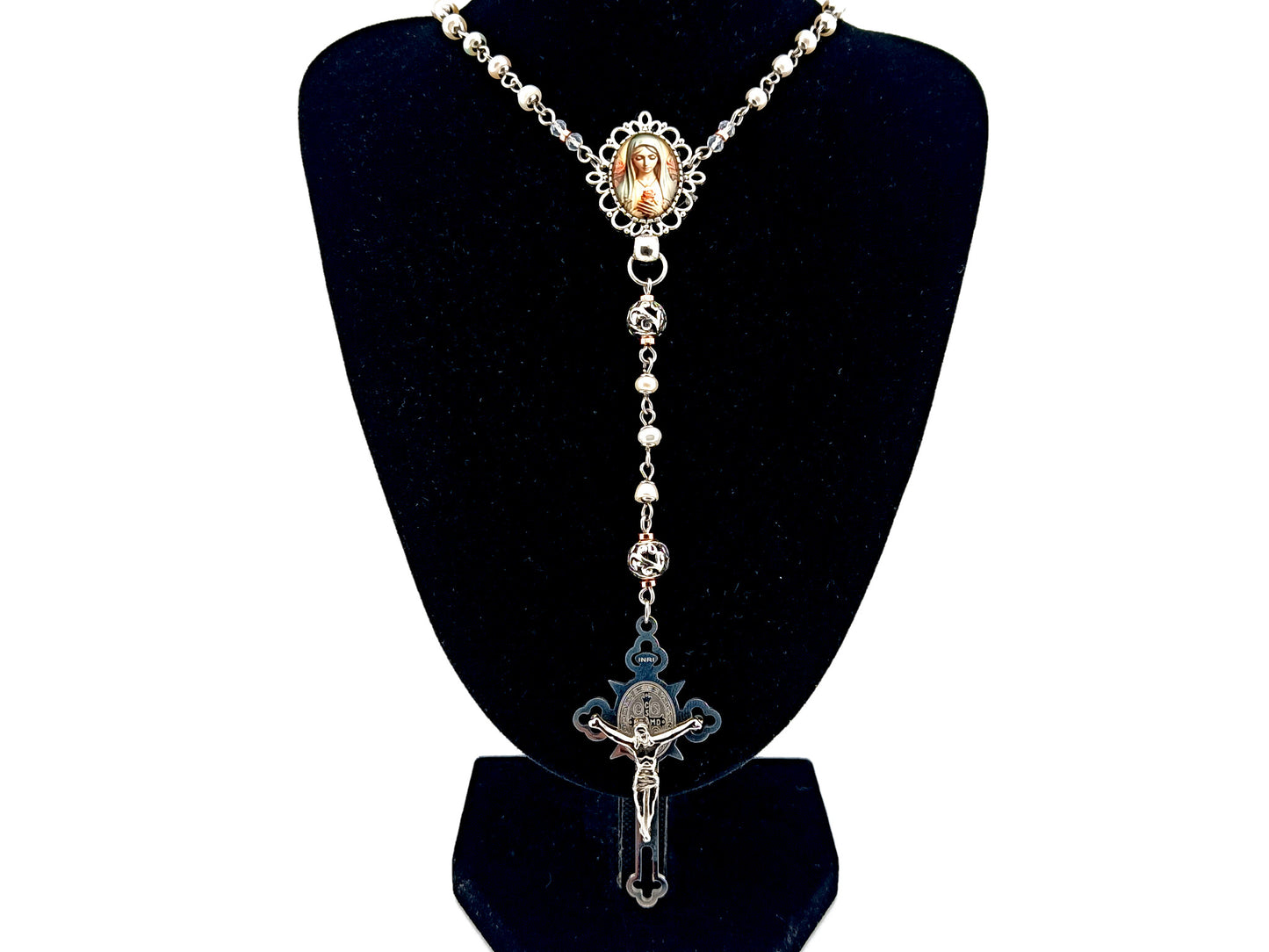 Virgin Mary unique rosary beads freshwater pearl and silver lattice rosary with Saint Benedict crucifix.