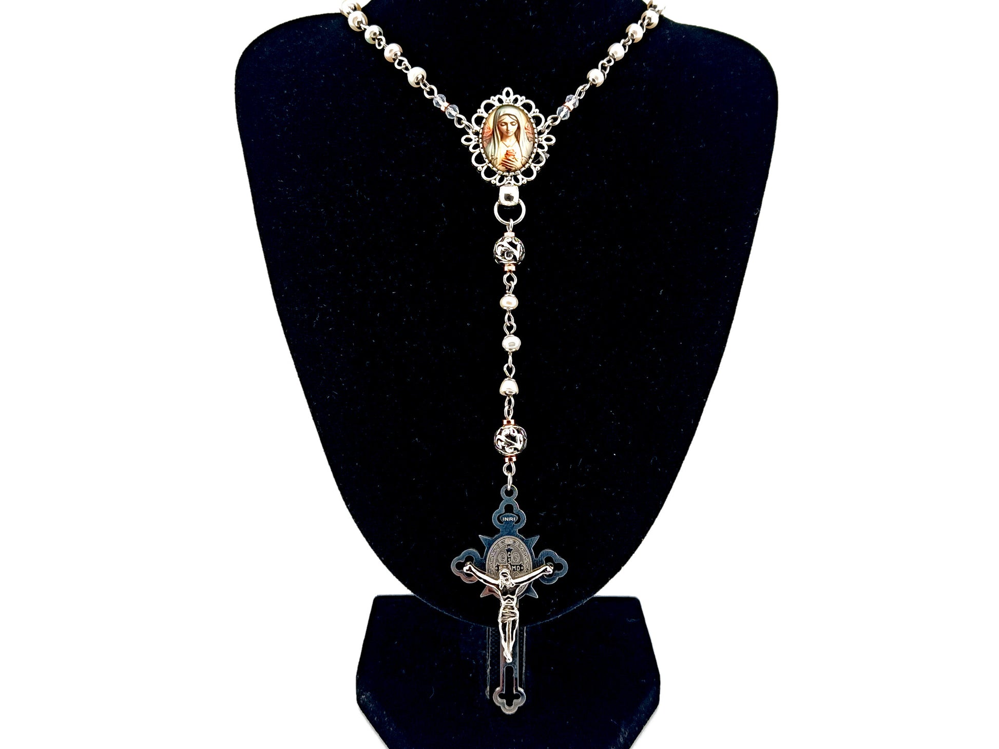 Virgin Mary unique rosary beads freshwater pearl and silver lattice rosary with Saint Benedict crucifix.