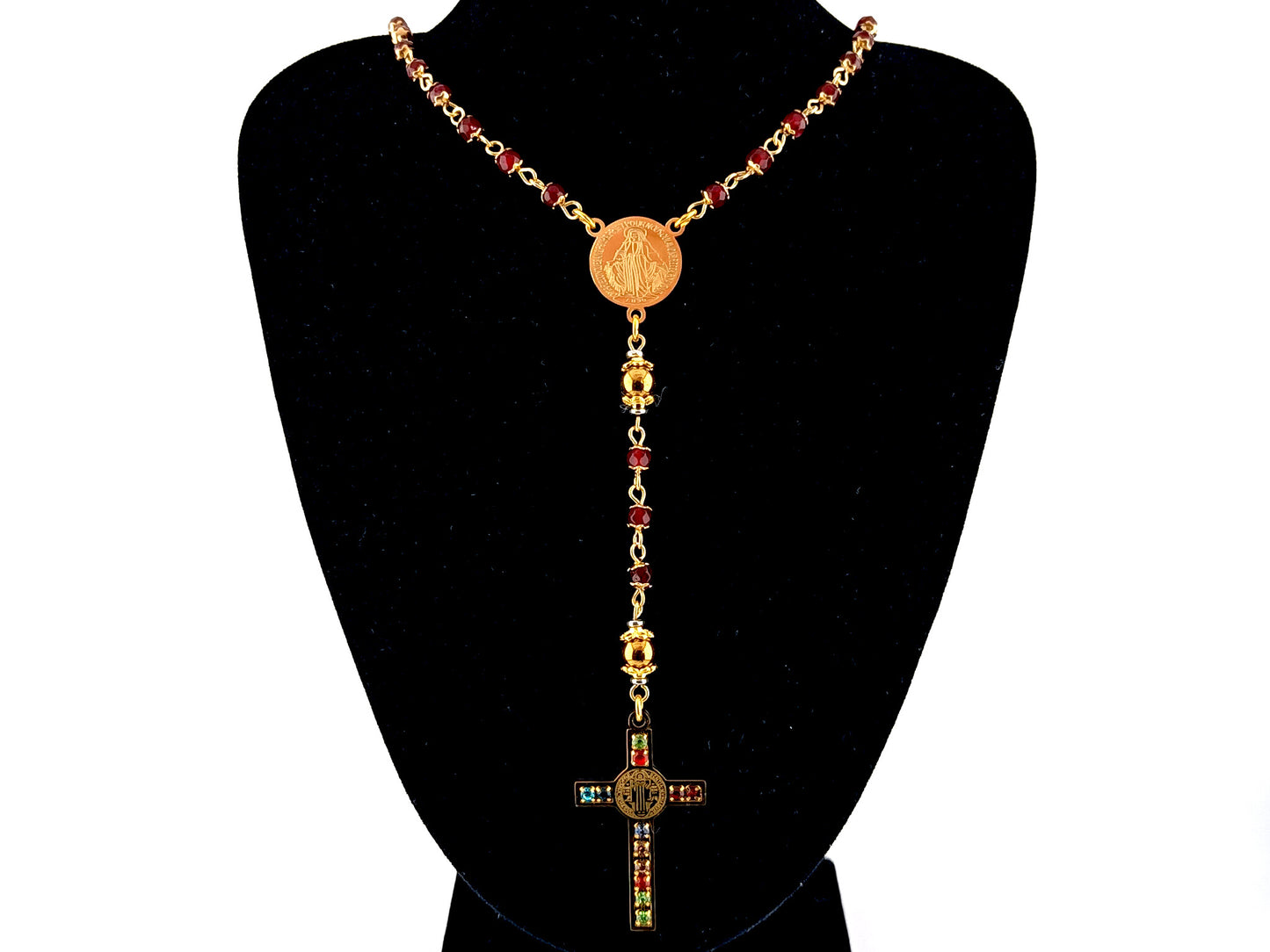 Miraculous Medal unique rosary beads garnet gemstone and gold plated hematite rosary with gold plated cubic zirconia crucifix.