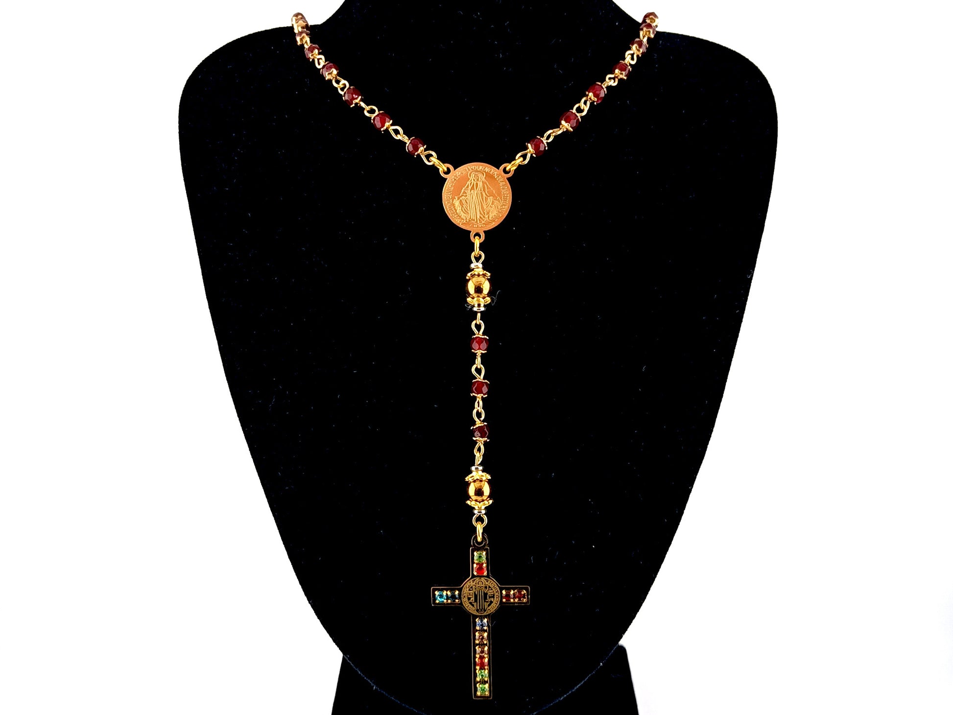 Miraculous Medal unique rosary beads garnet gemstone and gold plated hematite rosary with gold plated cubic zirconia crucifix.