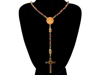 Miraculous Medal unique rosary beads garnet gemstone and gold plated hematite rosary with gold plated cubic zirconia crucifix.