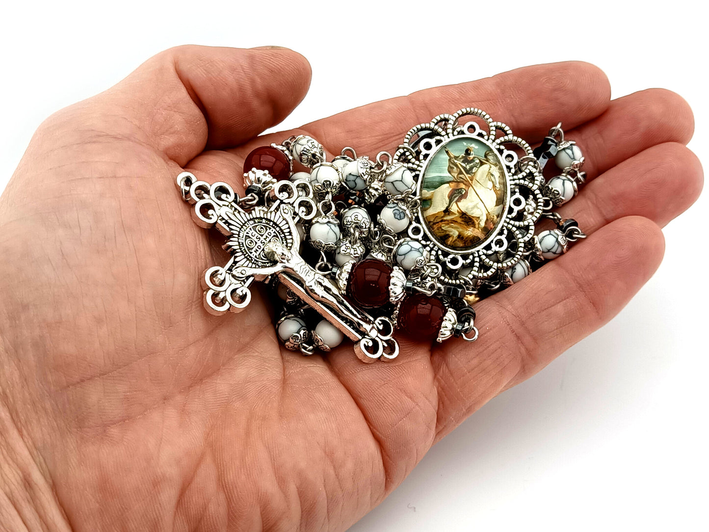 Saint George unique rosary beads howlite gemstone and red glass rosary  with Saint Benedict crucifix.