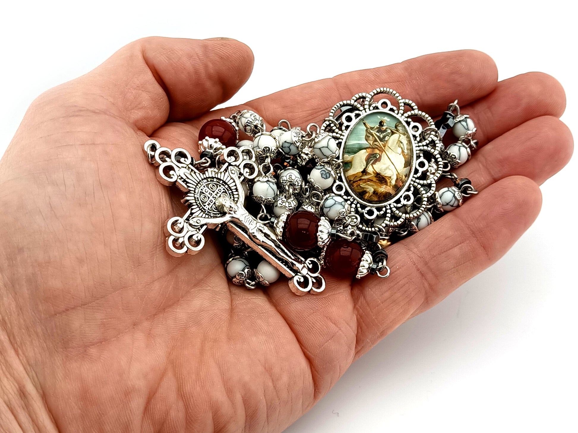 Saint George unique rosary beads howlite gemstone and red glass rosary  with Saint Benedict crucifix.