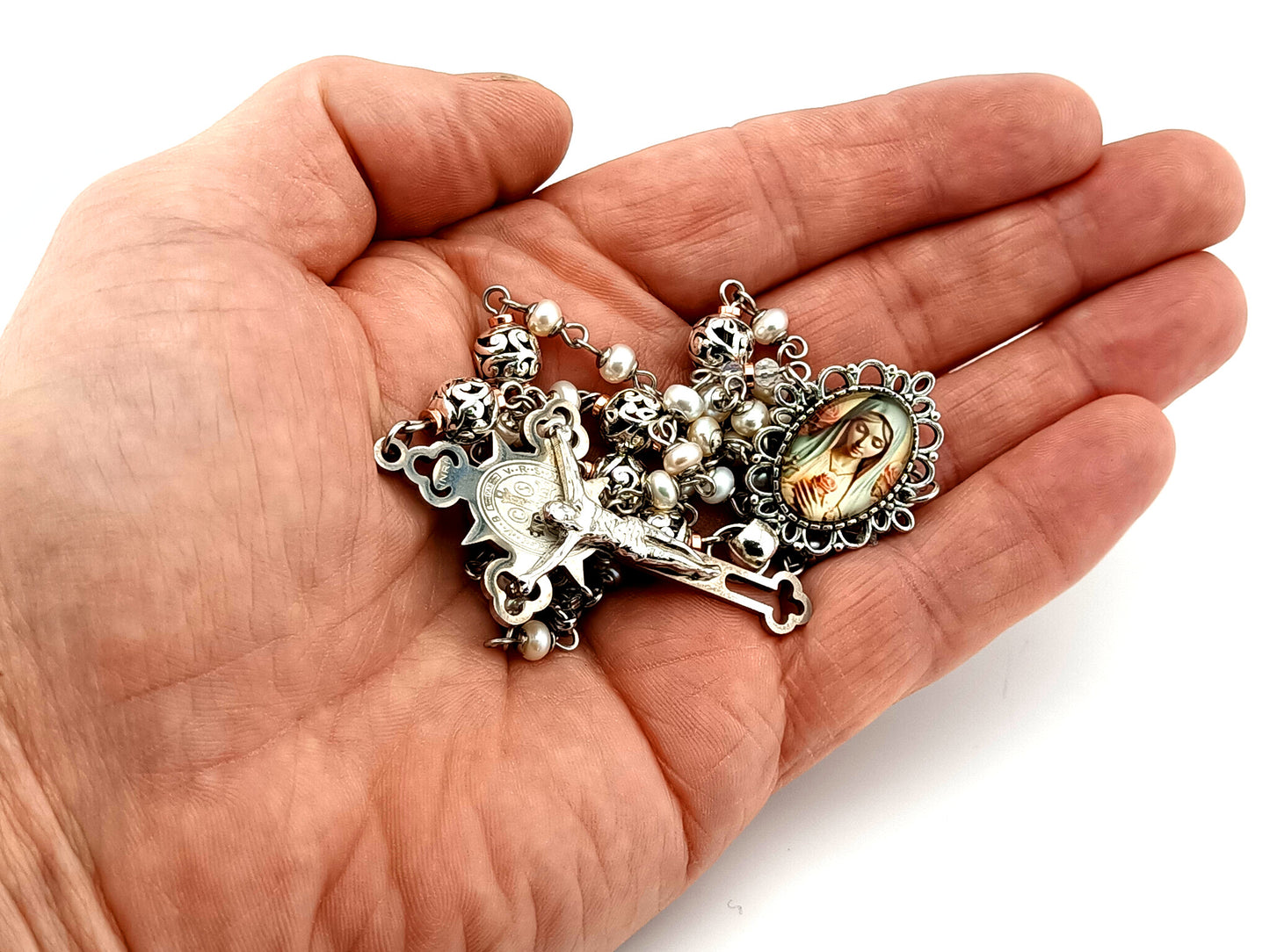 Virgin Mary unique rosary beads freshwater pearl and silver lattice rosary with Saint Benedict crucifix.