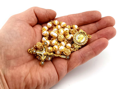 Virgin Mary unique rosary beads freshwater pearl and silver lattice rosary with gold plated pewter and pearl crucifix.