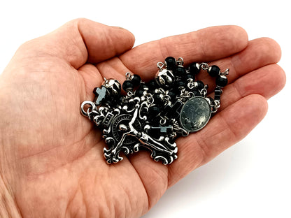 Miraculous Medal unique rosary beads onyx gemstone and silver rosary with filigree stainless steel crucifix.