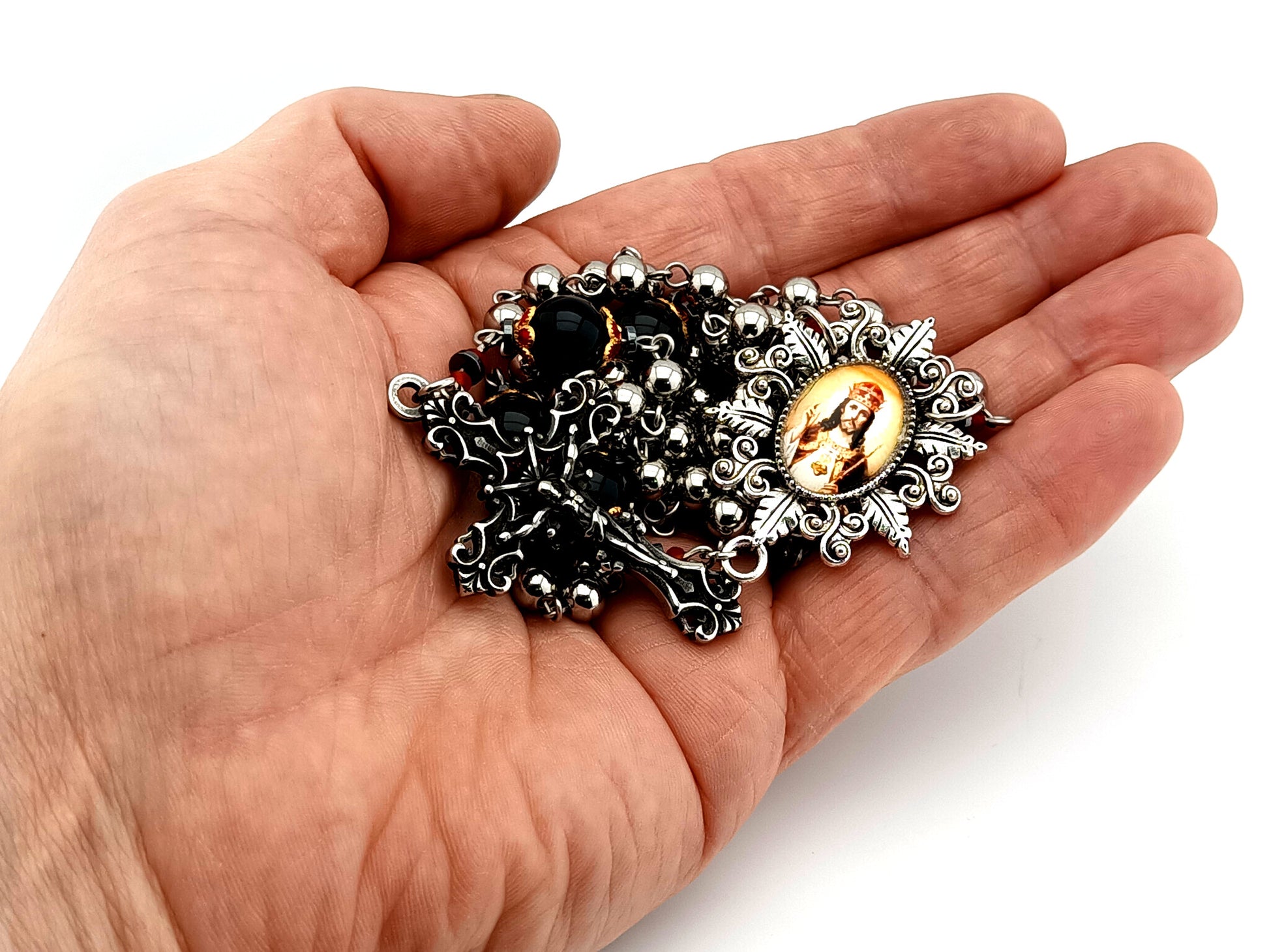 Christ The King unique rosary beads stainless steel and onyx gemstone rosary with stainless steel filigree crucifix.
