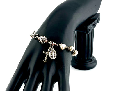 Miraculous Medal unique rosary beads fresh water pearl and silver lattice single decade rosary bracelet with small crucifix.