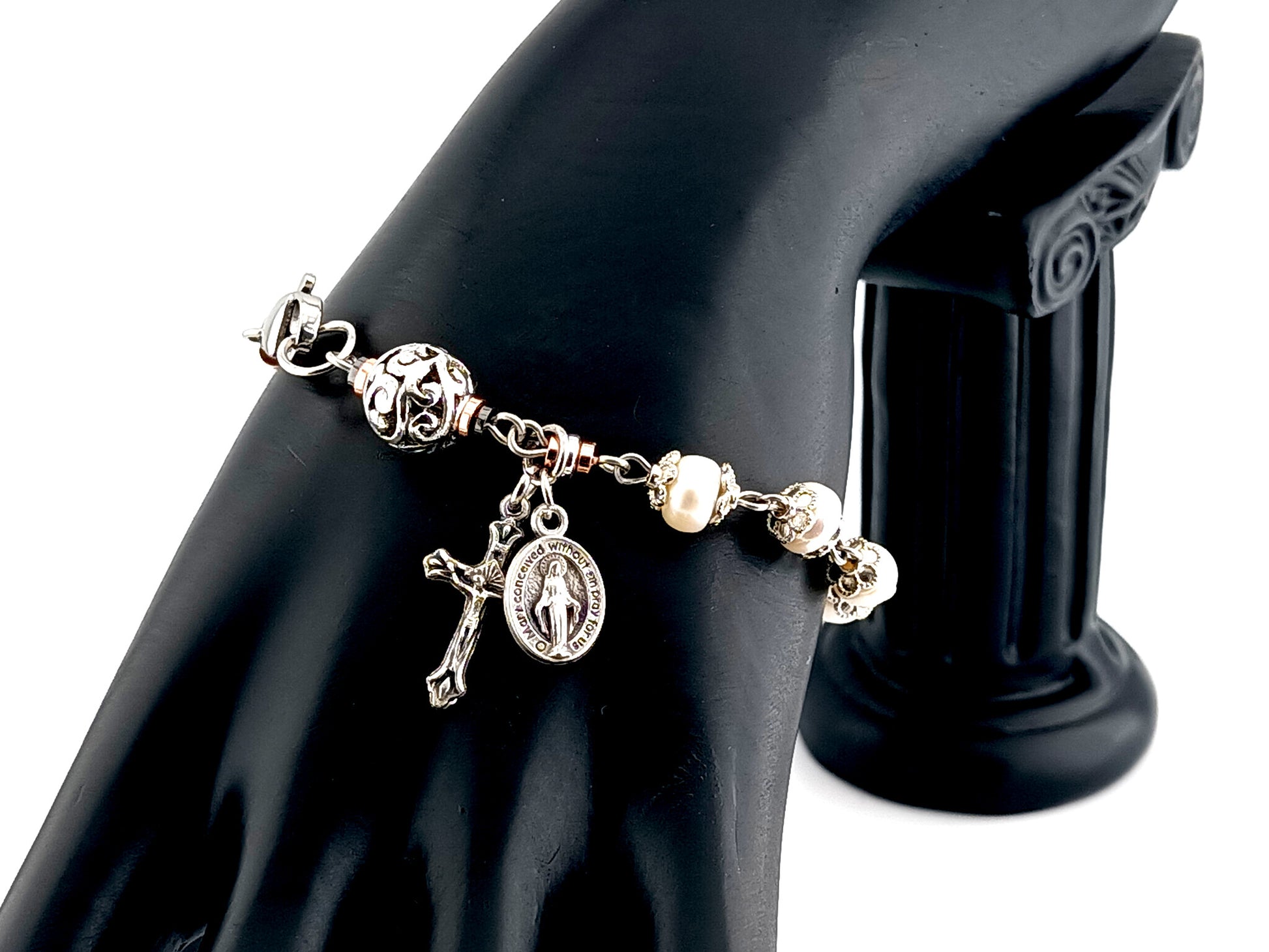 Miraculous Medal unique rosary beads fresh water pearl and silver lattice single decade rosary bracelet with small crucifix.