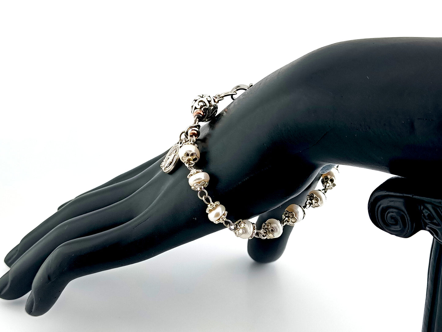 Miraculous Medal unique rosary beads fresh water pearl and silver lattice single decade rosary bracelet with small crucifix.