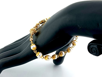 Miraculous Medal unique rosary beads fresh water pearl and 18K gold plated lattice single decade rosary bracelet with cubic zirconia crucifix.