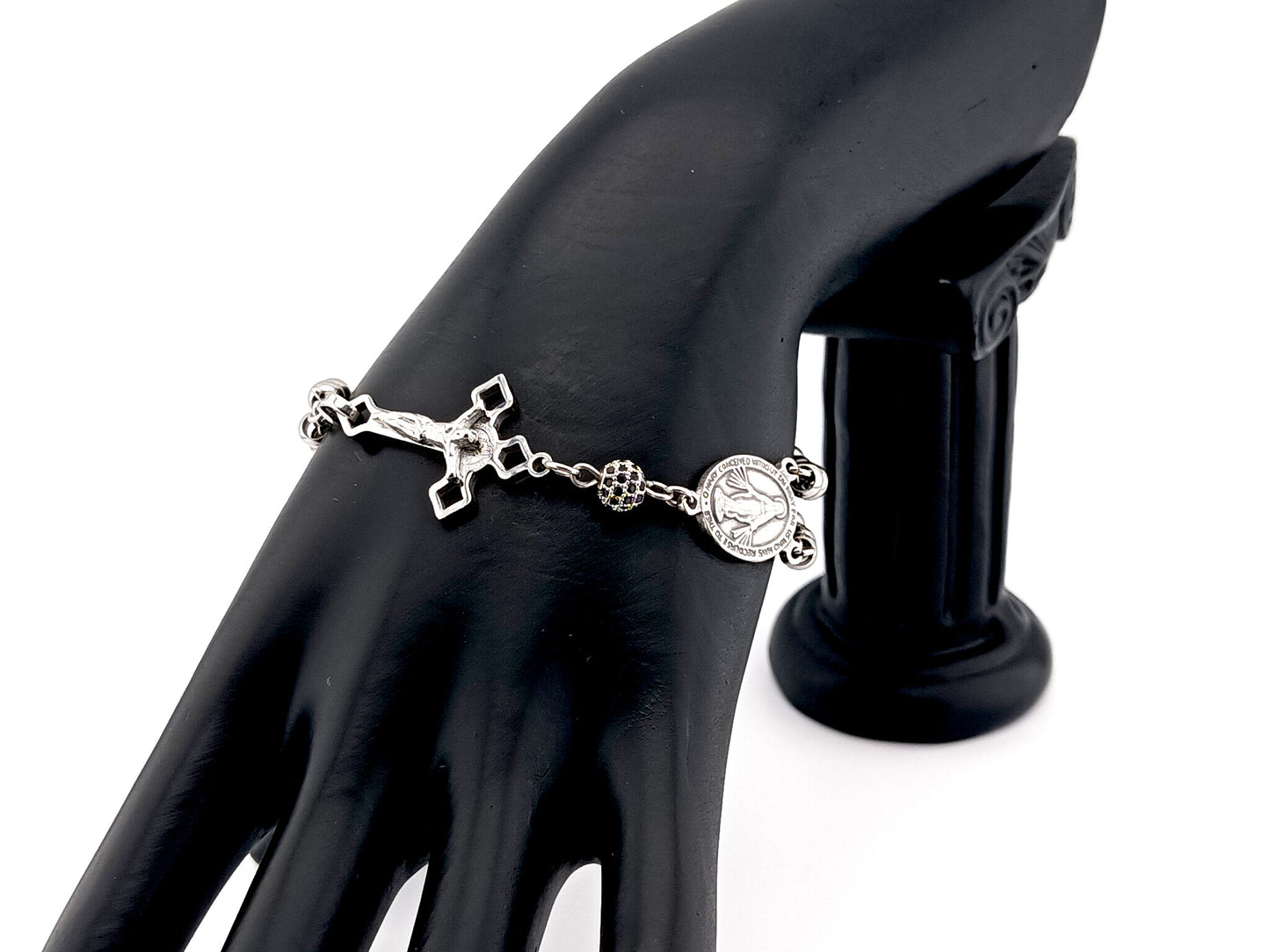 Miraculous Medal unique rosary beads silver cubic zirconia single decade rosary bracelet with stainless steel Saint Benedict crucifix.