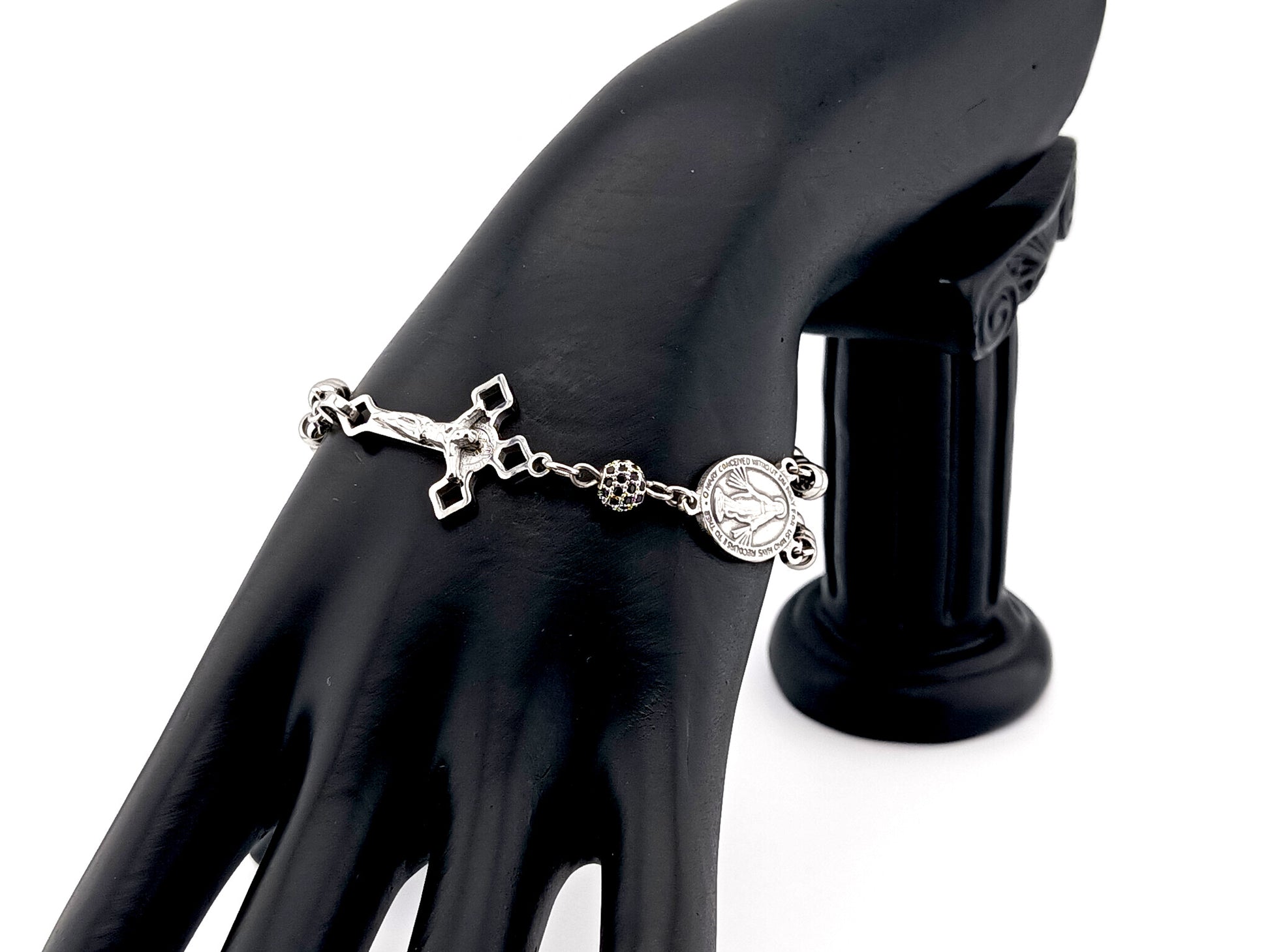 Miraculous Medal unique rosary beads silver cubic zirconia single decade rosary bracelet with stainless steel Saint Benedict crucifix.