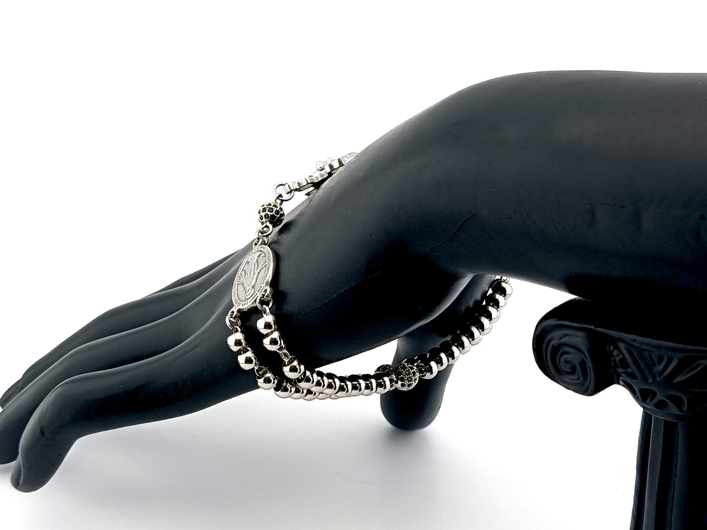 Miraculous Medal unique rosary beads silver cubic zirconia single decade rosary bracelet with stainless steel Saint Benedict crucifix.