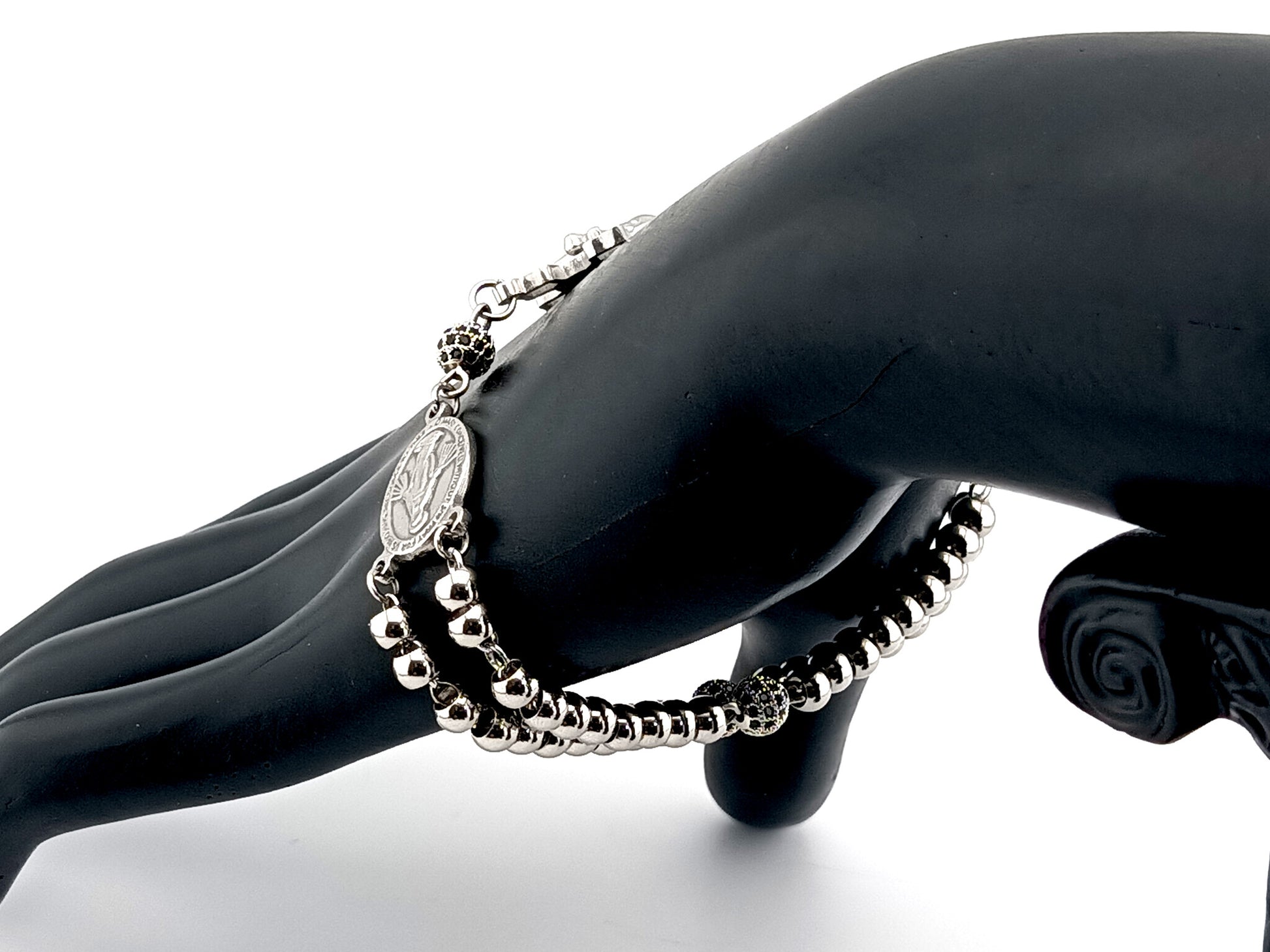 Miraculous Medal unique rosary beads silver cubic zirconia single decade rosary bracelet with stainless steel Saint Benedict crucifix.