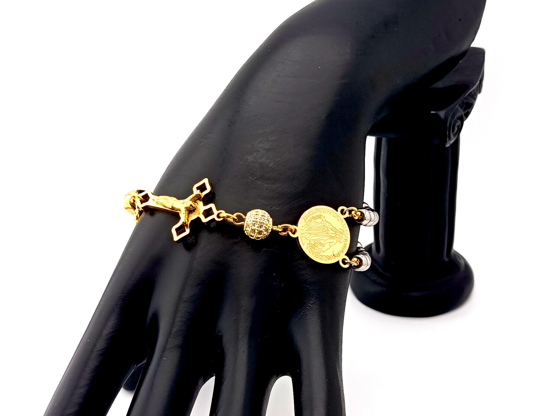 Miraculous Medal unique rosary beads gold plated cubic zirconia and stainless steel single decade rosary bracelet with gold plated Saint Benedict crucifix.