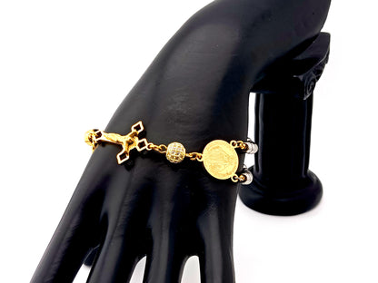 Miraculous Medal unique rosary beads gold plated cubic zirconia and stainless steel single decade rosary bracelet with gold plated Saint Benedict crucifix.