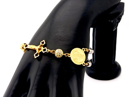 Miraculous Medal unique rosary beads gold plated cubic zirconia and stainless steel single decade rosary bracelet with gold plated Saint Benedict crucifix.
