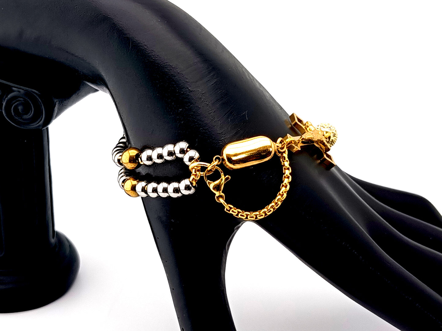 Miraculous Medal unique rosary beads gold plated cubic zirconia and stainless steel single decade rosary bracelet with gold plated Saint Benedict crucifix.