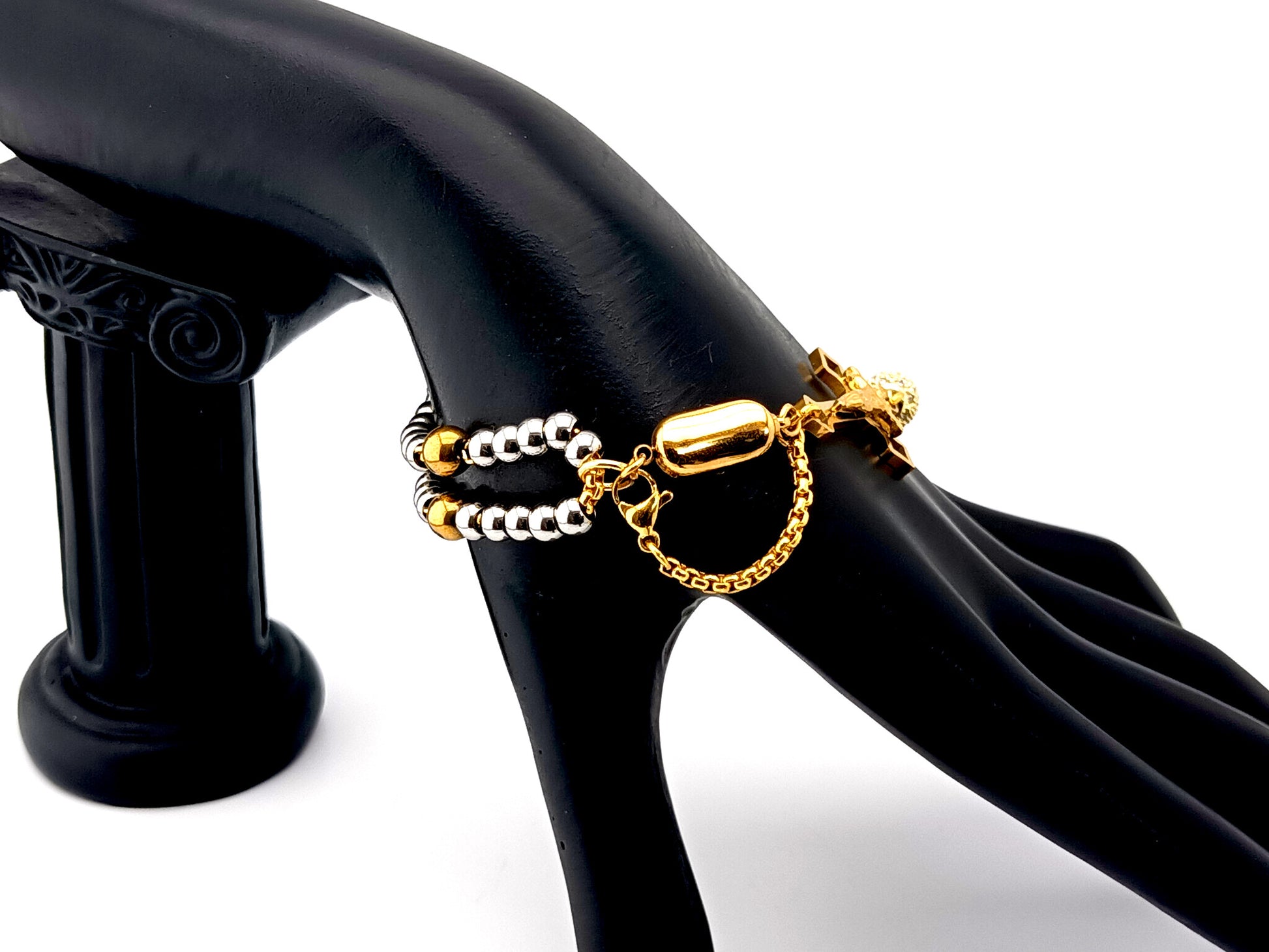 Miraculous Medal unique rosary beads gold plated cubic zirconia and stainless steel single decade rosary bracelet with gold plated Saint Benedict crucifix.