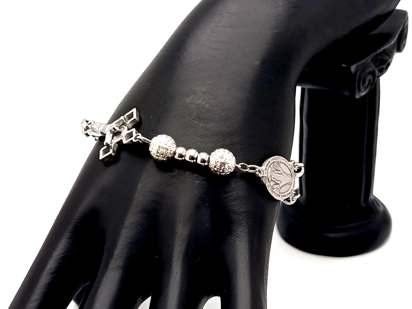 Miraculous Medal unique rosary beads stainless steel and sterling 925 silver rosary bracelet with small Saint Benedict crucifix.