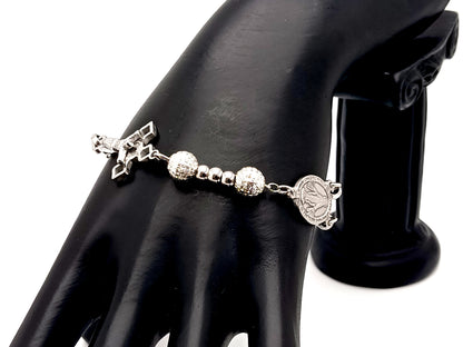 Miraculous Medal unique rosary beads stainless steel and sterling 925 silver rosary bracelet with small Saint Benedict crucifix.