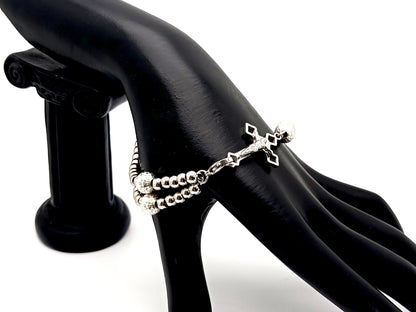 Miraculous Medal unique rosary beads stainless steel and sterling 925 silver rosary bracelet with small Saint Benedict crucifix.