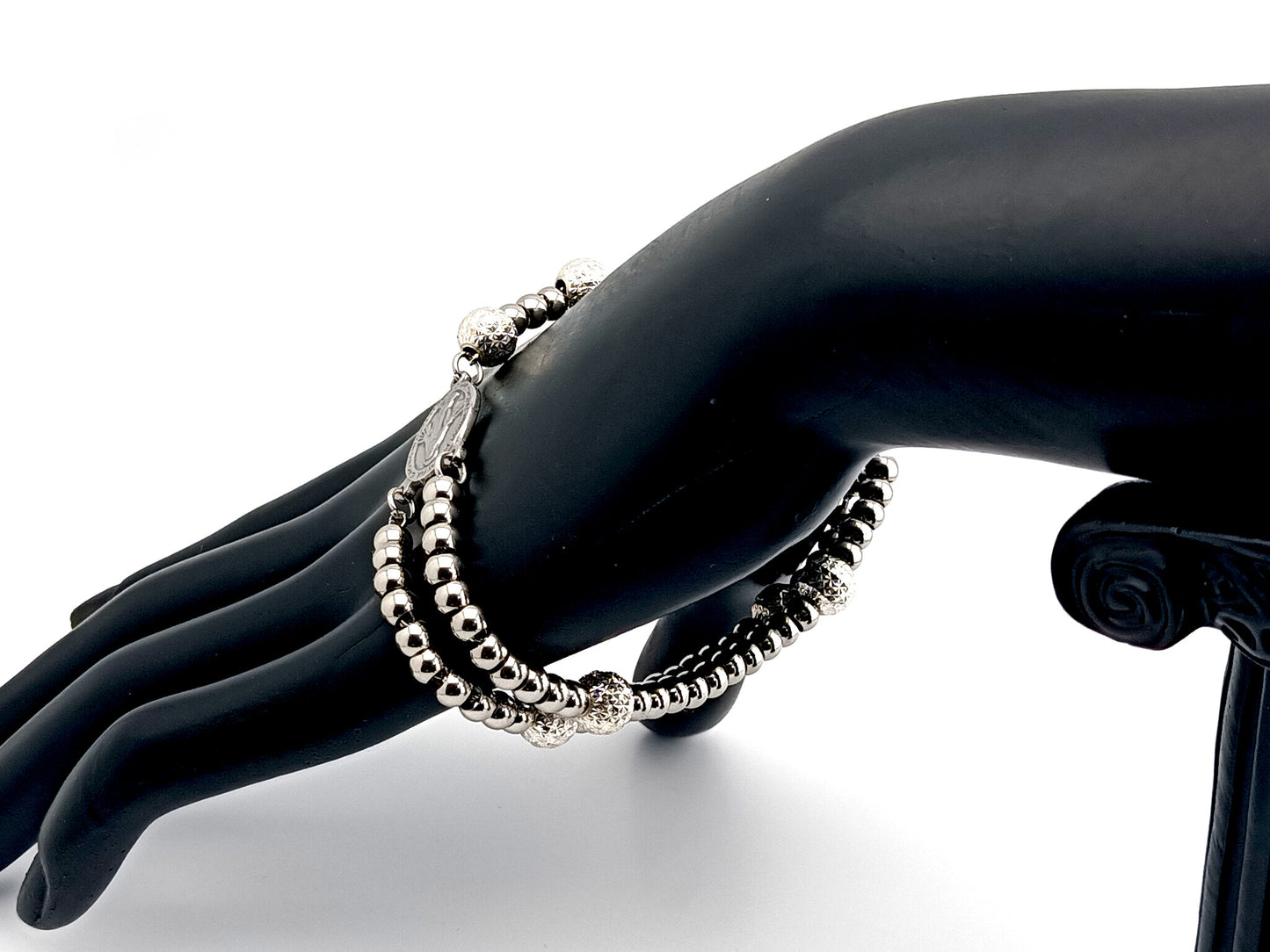 Miraculous Medal unique rosary beads stainless steel and sterling 925 silver rosary bracelet with small Saint Benedict crucifix.