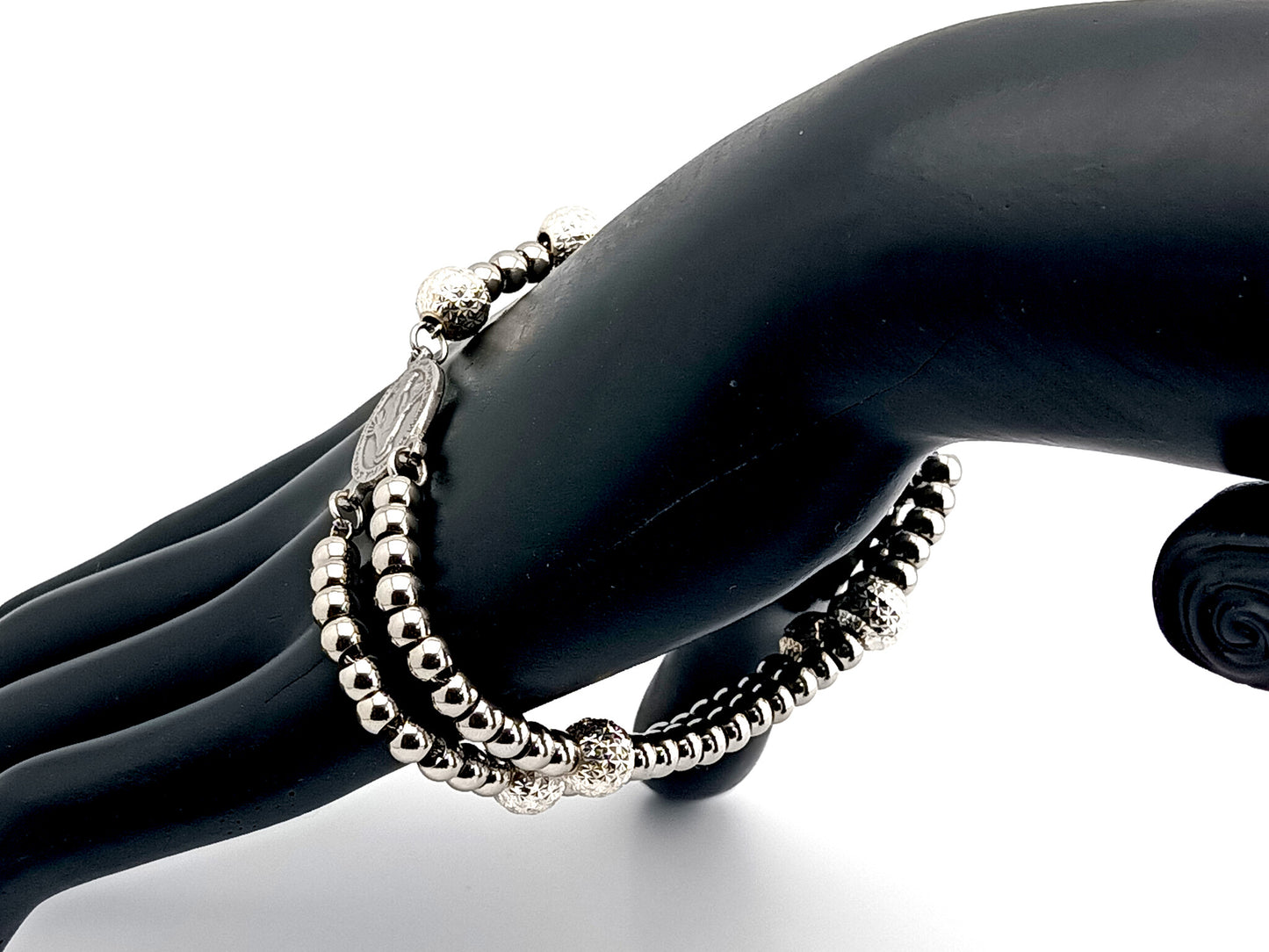 Miraculous Medal unique rosary beads stainless steel and sterling 925 silver rosary bracelet with small Saint Benedict crucifix.