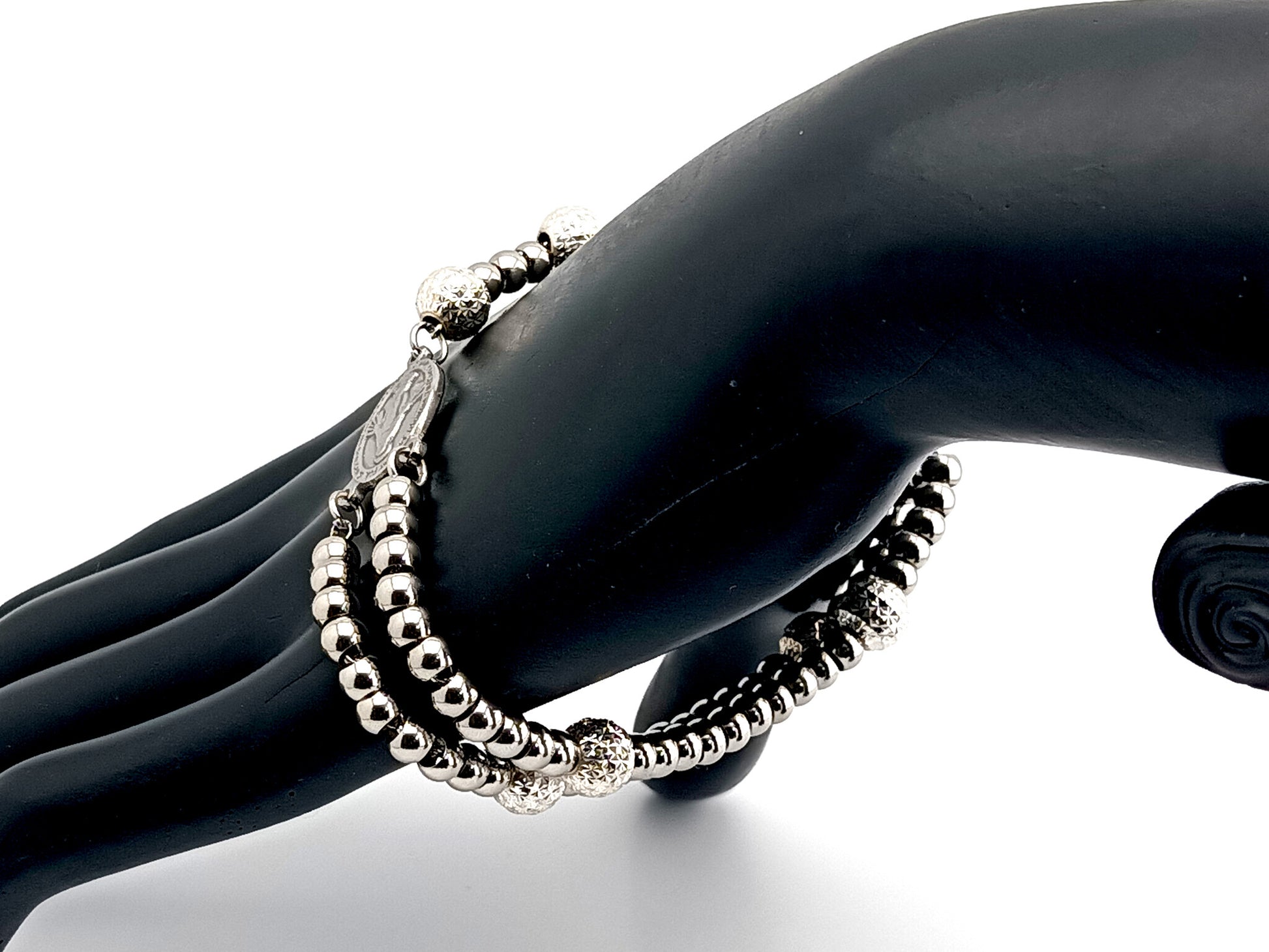 Miraculous Medal unique rosary beads stainless steel and sterling 925 silver rosary bracelet with small Saint Benedict crucifix.